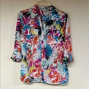 Studio works tropical women’s long sleeve blouse-festive, size small Y2K